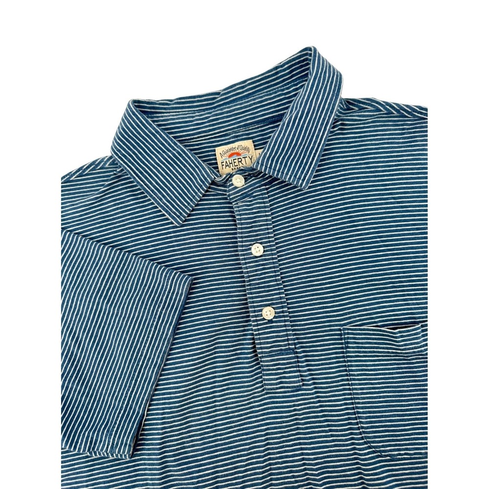 Faherty Mens Blue White‎ Striped Short Sleeve Cotton Polo Shirt Size M Pocket